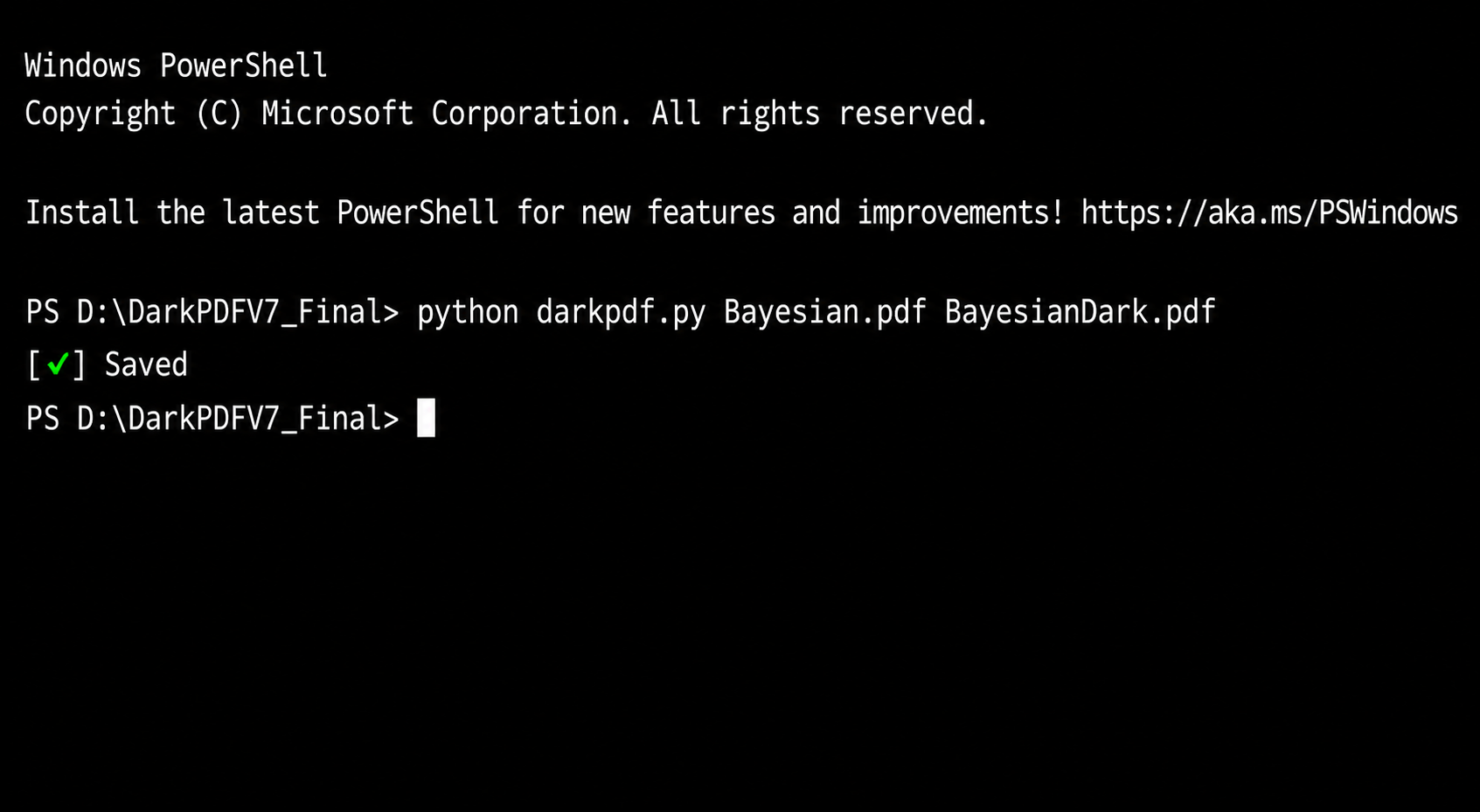 DarkPDF terminal converting a PDF to dark mode